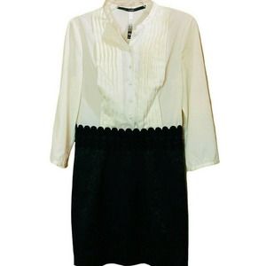 Kensie Mini Dress Cream Black Pin Tuck Button Up Jacquard Skirt